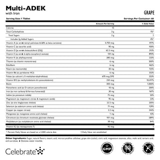 Multi-ADEK Vitamin mit 60mg Eisen, Kautabletten, Grape