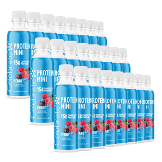 Mehrere Flaschen von Celebrate Protein Mini Berry vor weißem Hintergrund