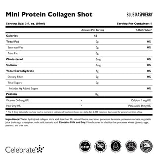 Nährwertkennzeichnung für einen Mini Protein Collagen Shot mit Blue-Raspberry-Geschmack, einschließlich Portionsgröße, Kalorien und Zutaten.