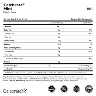 Nährwertkennzeichnung für Celebrate Mini Protein Getränke mit Apfelgeschmack vor weißem Hintergrund