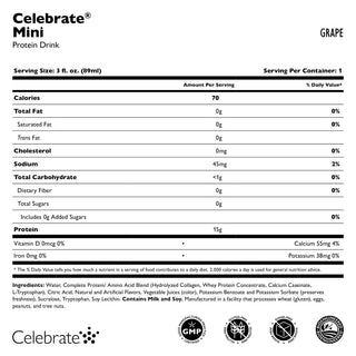 Nährwertkennzeichnung für Celebrate Mini Protein Getränke Geschmack Grape vor weißem Hintergrund